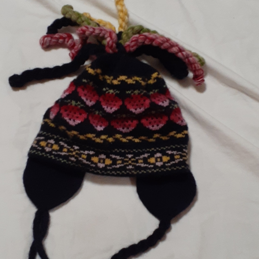 Strawberry print beanie with tassels and ear flaps